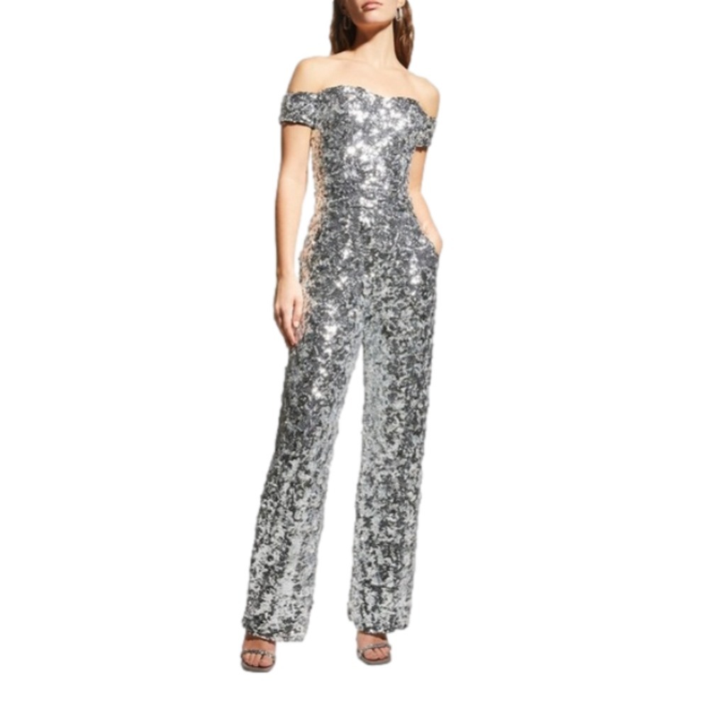 Dress Population New Medium Silver Elon Sequin Off Shoulder Jumpsuit‎ Pockets